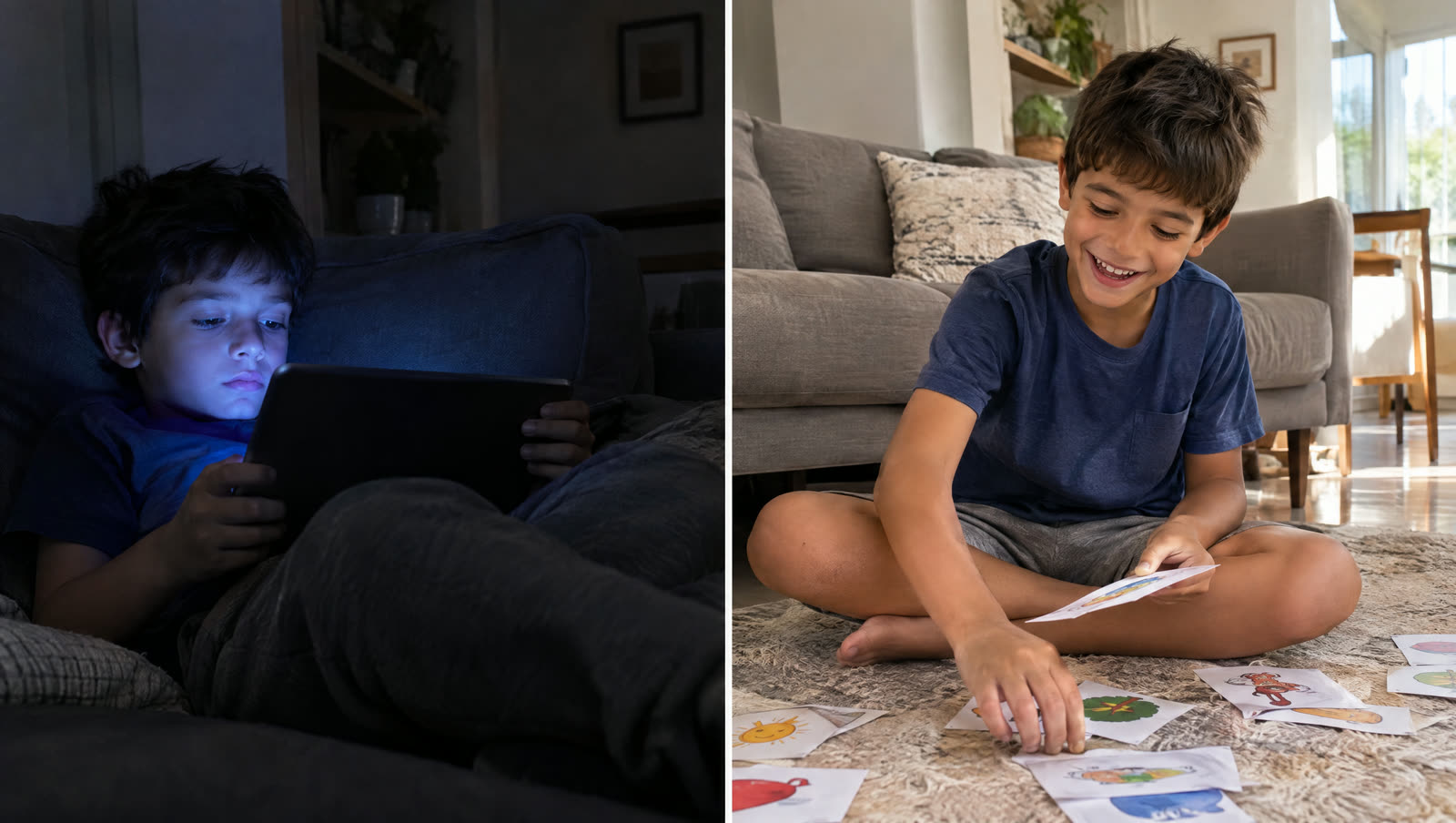 À esquerda, criança sozinha no sofá no escuro com o rosto iluminado pelo tablet. À direita, a mesma criança rindo no tapete brincando com cartas de jogo impressas
